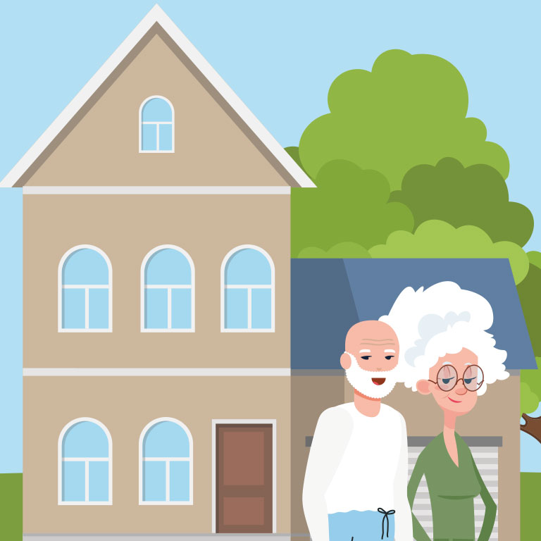 Illustration d'un couple de senior devant leur grande maison